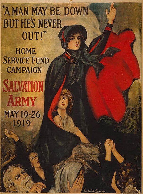 Salvation Army poster depicts a cloaked woman sheltering the infirm, promoting the home service fund campaign.