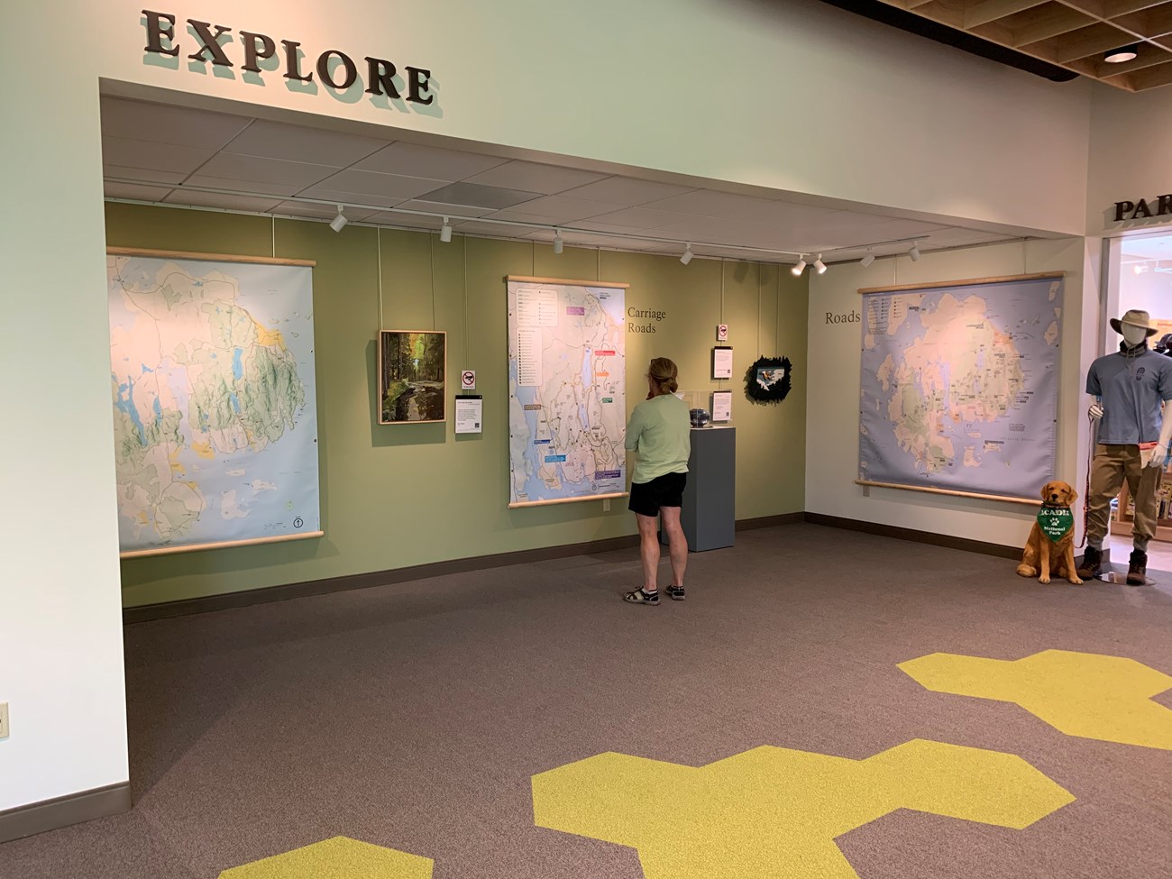 Under the word 'explore' a visitor stands looking at maps and art on wall