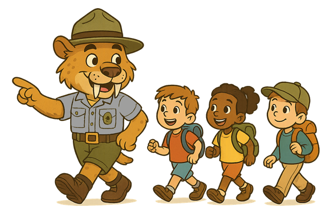 A sabretooth cat park ranger leads the kids on a hike