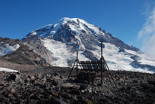 Monitoring equipments set up on two tripods on a rocky mountain slope beneath a glaciated summit.
