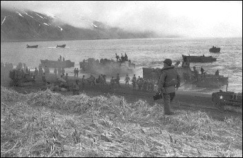 Seventh Infantry Division troops landing at Massacre Bay, Attu, May 1943