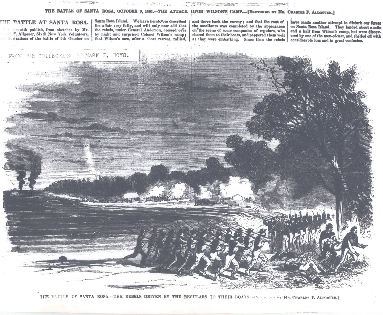 Newspaper etching showing soldiers marching across a beach.