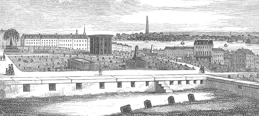 Drawing of old city of Boston with buildings along the harbor.