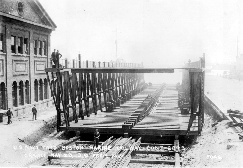 A marine railway in a navy yard.