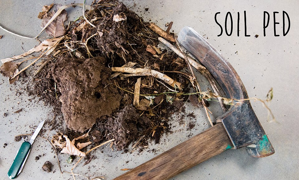 a pile of dirt spread out on a table next to a hammer and swiss army knife