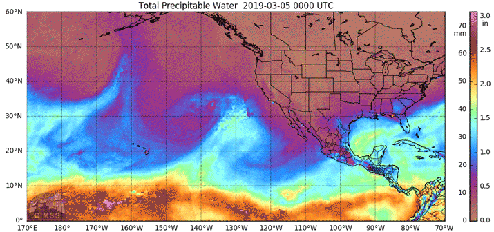 Animated series of satellite images of an atmospheric river landing along the California Coast on March 5th and 6th, 2019
