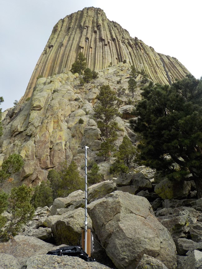 An acoustic device placed in front of Devils Tower
