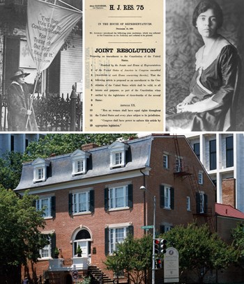 Collage images of Alice Paul, suffrage action, and the Sewall-Belmont House