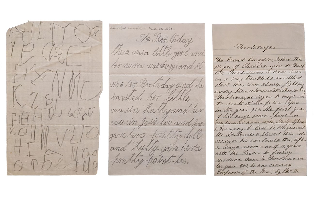 Three pieces of paper showing Annie's progress in writing letters, and later on, writing essays