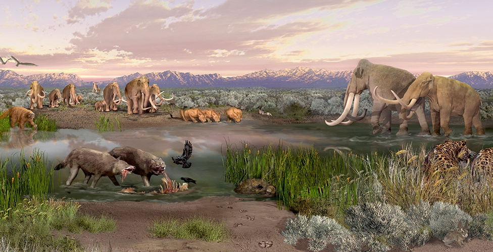 A rendered scene shows the ecological and environmental conditions within the Tularosa Basin during the Pleistocene in what is now White Sands National Park.