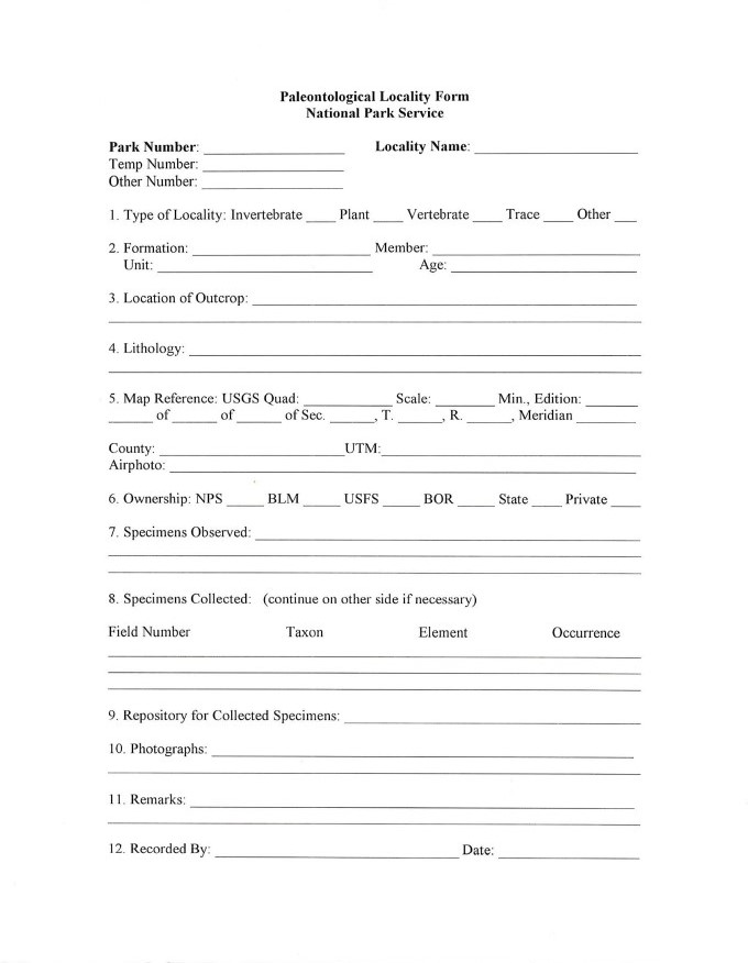 A copy of the current Paleontological Locality Form used by park staff and researchers across  national park service areas.