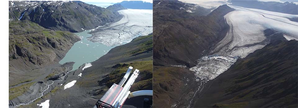 Two photos showing the referenced ice-dammed lake, full in 2009 and empty in 2014.