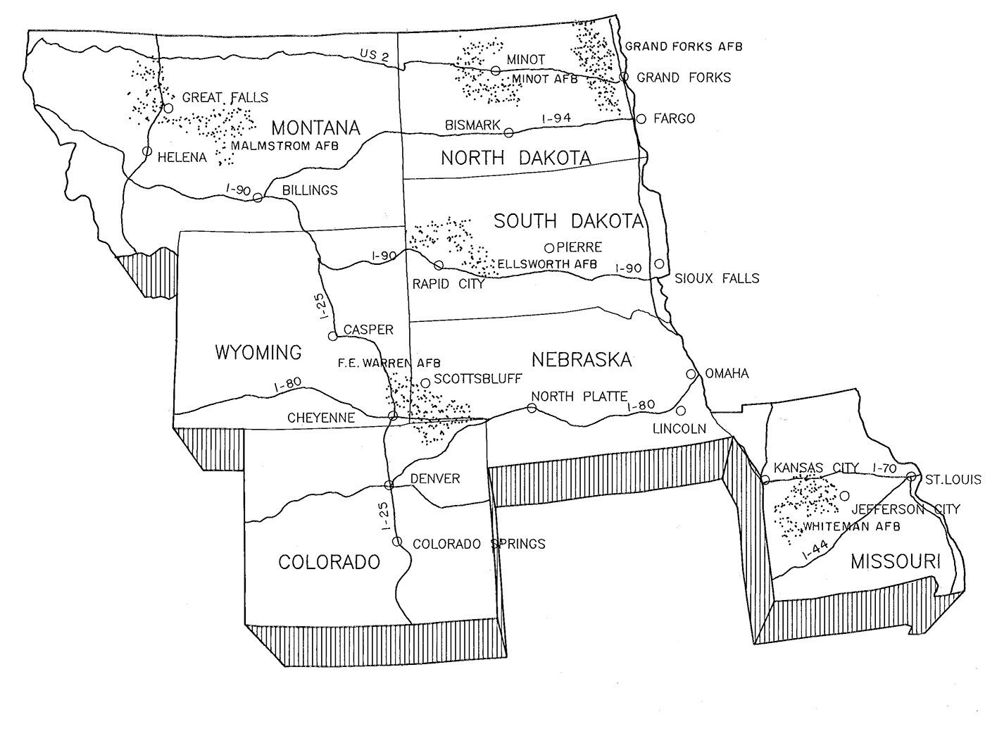 Black and white line drawing of the upper midwest states showing the location of the six missile fields