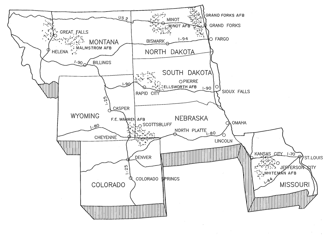 Black and white line drawing of the upper midwest states showing the location of the six missile fields