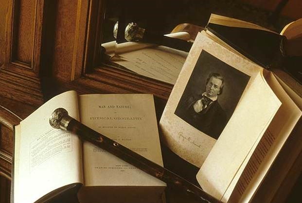 Open books on a table with a walking stick.