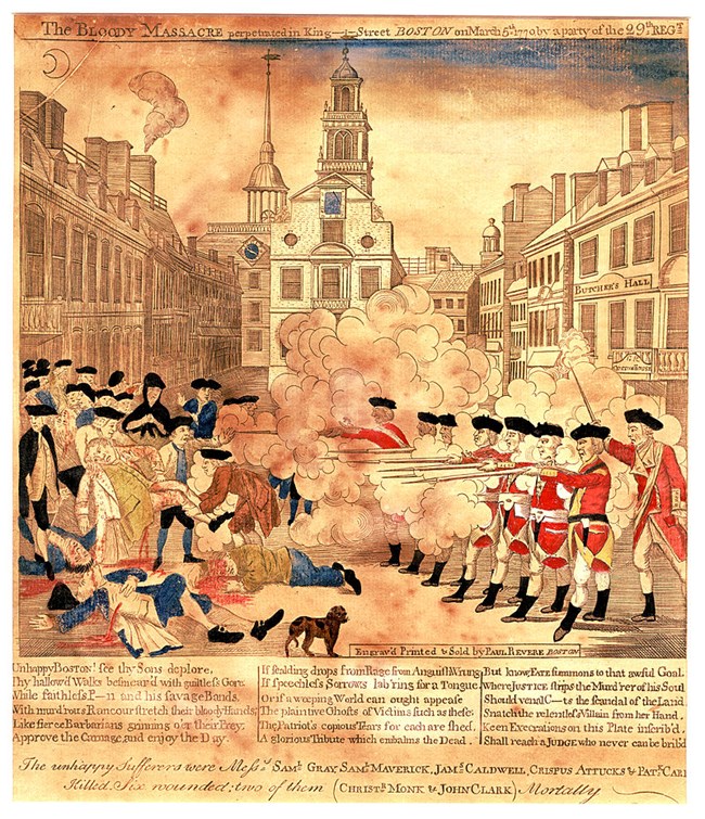 Engraving by Paul Revere, shows British shooting into the crowd, smoke every where and buildings in background.