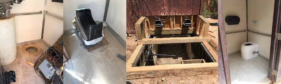 Four photos showing the installation of a new toilet throne. Finished toilet is white with a foot pedal on the side of it.