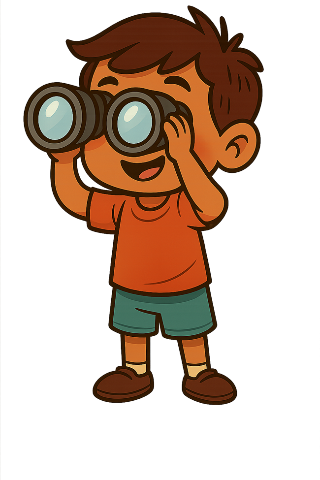 A smiling boy looks through binoculars