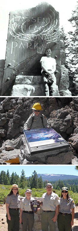Three stacked photos. Top photo is black and white of boy posing in front of a sign that reads "Lassen Volcanic National Park." Middle photo is a woman wearing a yellow hard cat sliding an interpretive panel into a metal frame. Bottom photo is four people