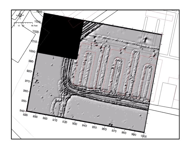 Map showing outlines of u-shaped barracks and roads.