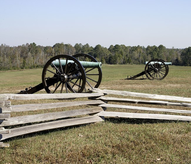 cannons in field with split rail fence