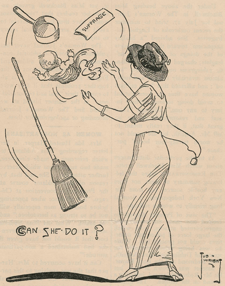 Cartoon of a woman juggling various items with print, "Can She Do it?"