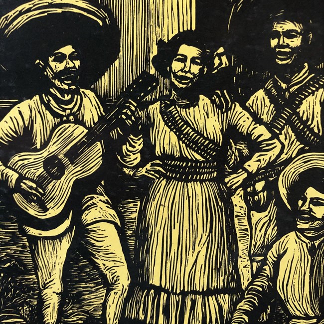 A woodcut illustration of four people singing and a man playing the guitar