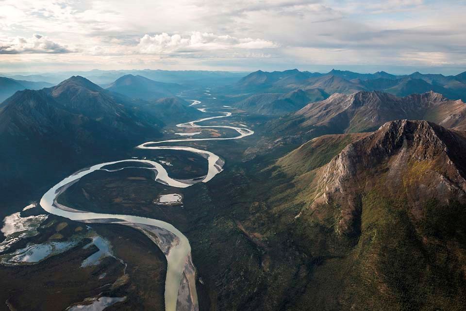 An aerial view of a wild river through the Brooks Range.