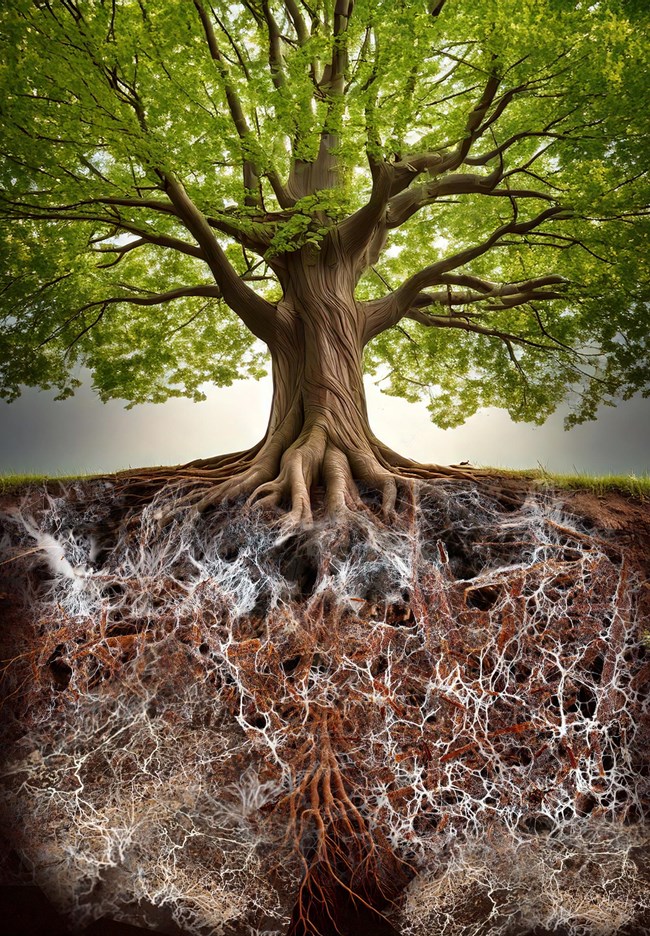 Cross-sectional image of a tree with a view of its underground network of mycorrhizal fungi.