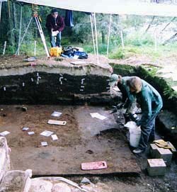 [photo] Three archeologists work in a tent-covered excavation site.