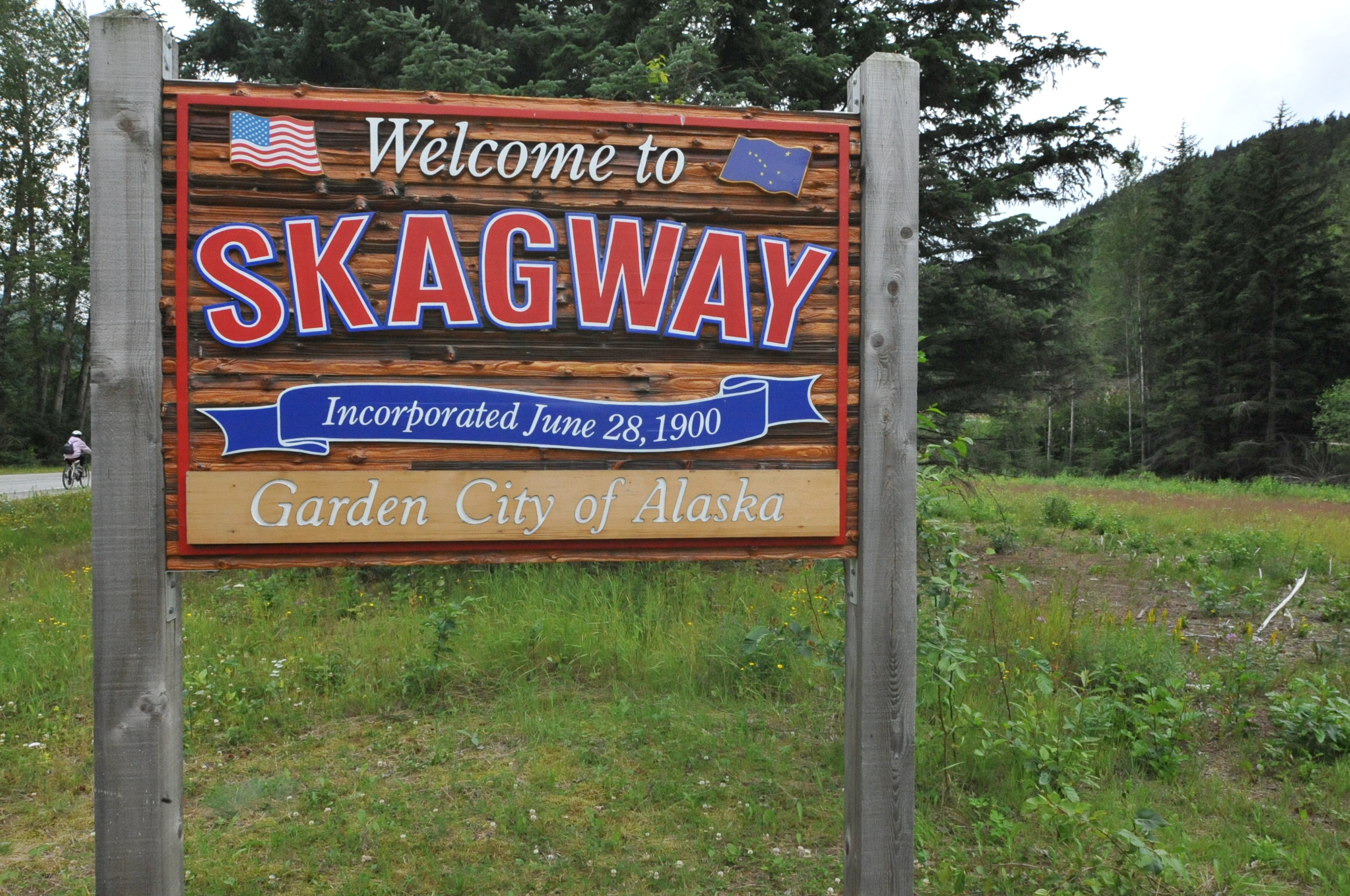 The welcome to Skagway sign with the writing "Garden City of Alaska"