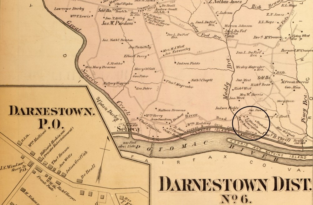 1879 map showing the Darnstown district of Maryland, the Potomac River, and Great Seneca Creek. A black circle notes three names T Martin, Emory Genus, William Davis who were the founding African Americans of Tobytown