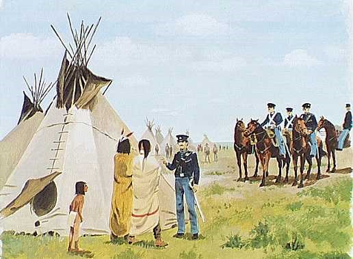 Soldiers meeting with Native Americans