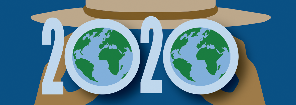 Hands holding text "2020" up to a ranger hat rim. Zeros in "2020" are globes