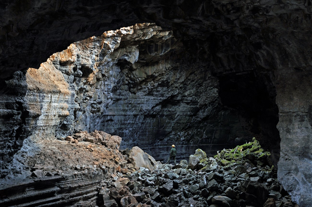 A man stands in a cave looking up into a sunlit opening in the ceiling.