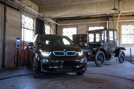 A 2017 BMW i3 electric vehicle and 1914 Detroit Electric Model 47 owned by Thomas Edison