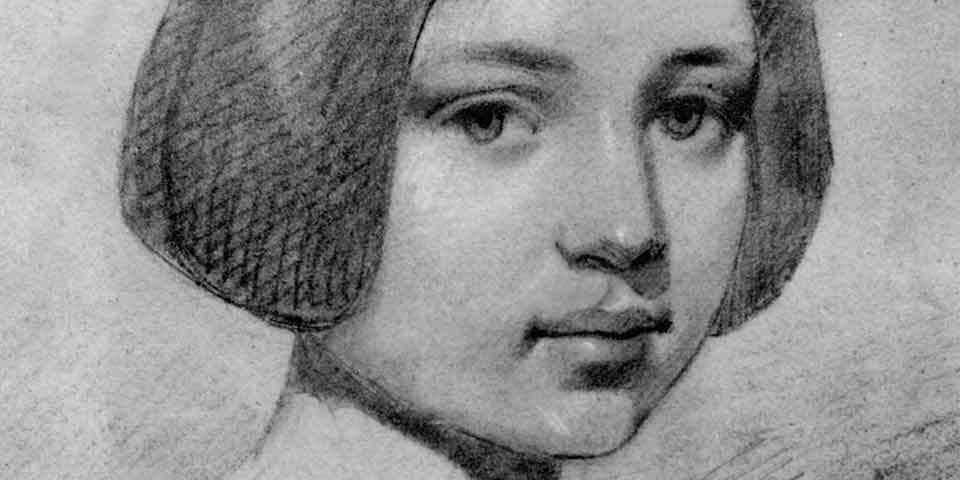 Black and white illustration of a young woman with short, dark hair.