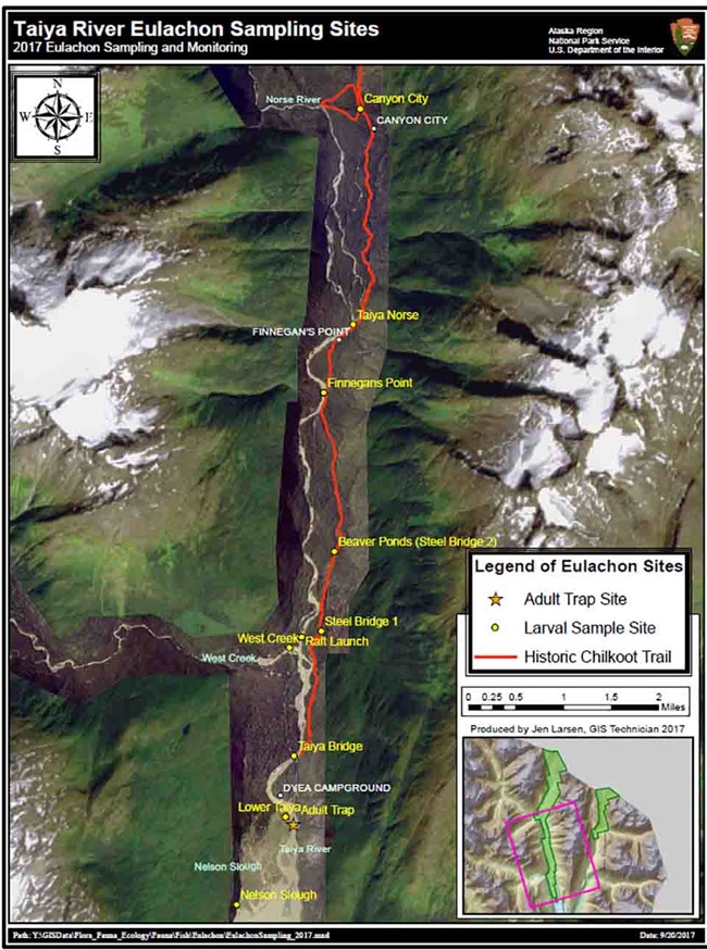 A map showing 2017 eulachon sampling locations.