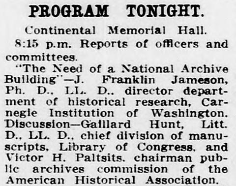 A newspaper clipping announcing a program by Jameson, "The Need of a National Archive Building."