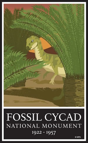 Commemorative logo artwork for Fossil Cycad National Monument, depicting small dinosaur amongst some cycadeoids.