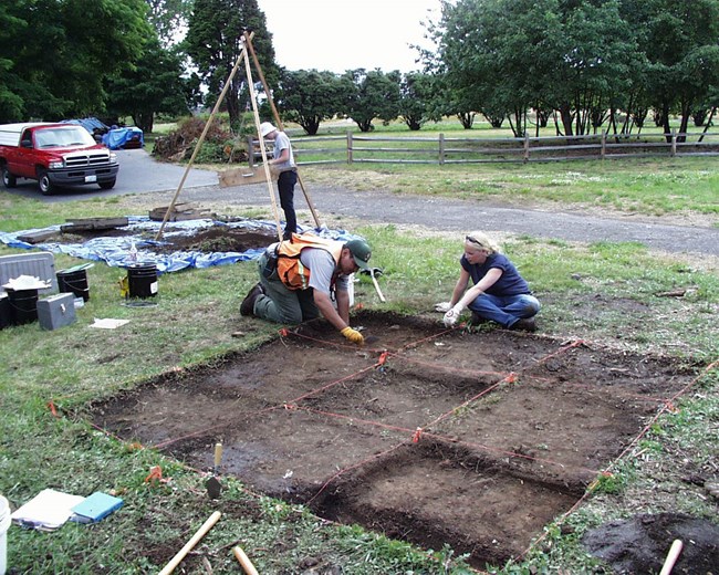 archaeologists working on a shallow excavation