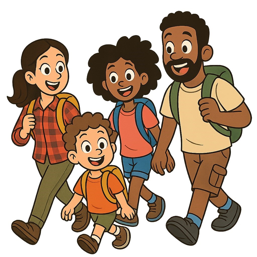 Two adults, a teenager, and a child hiking and smiling