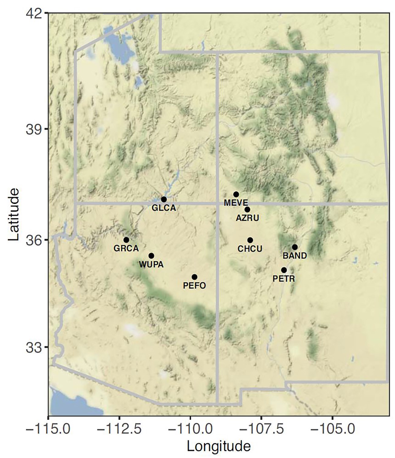 Relief map with locations of national parks involved in this study.
