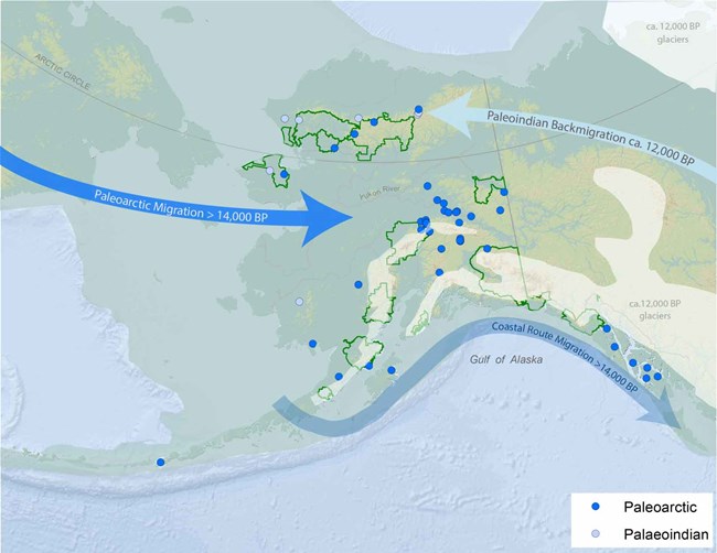 A map showing the spread of paleoarctic people in Alaska.