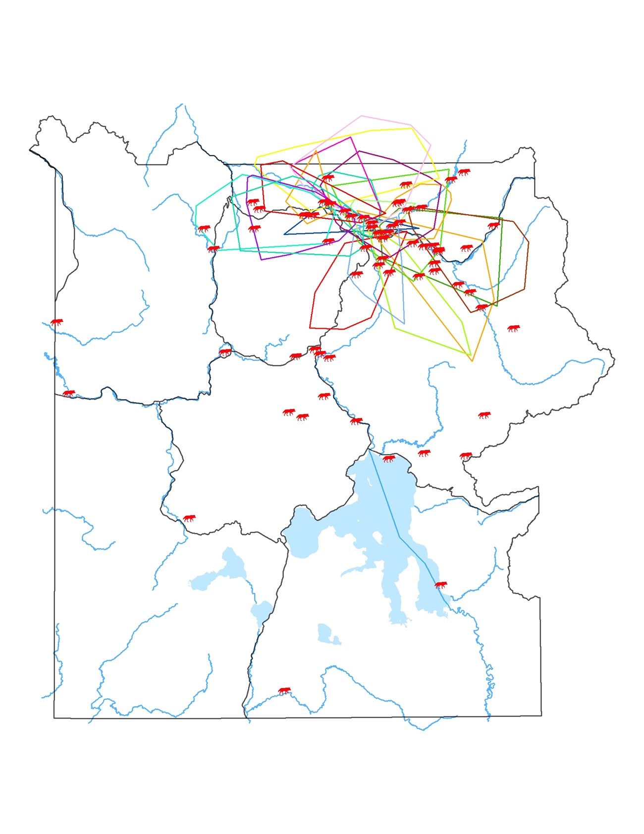 Map of Yellowstone National Park showing location of radio-collared wolves killed by other wolves