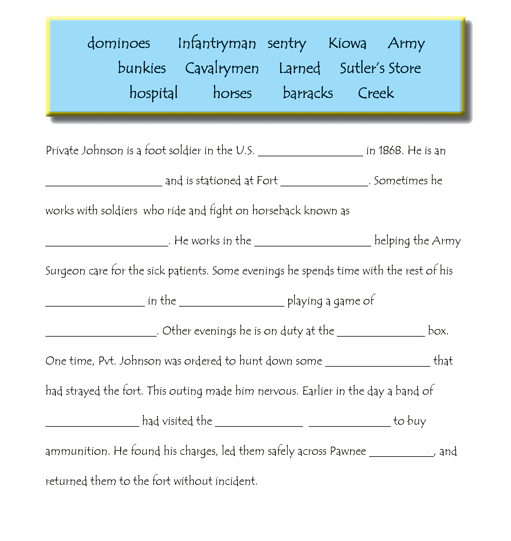 Image of fill in the black activity with word bank and story.