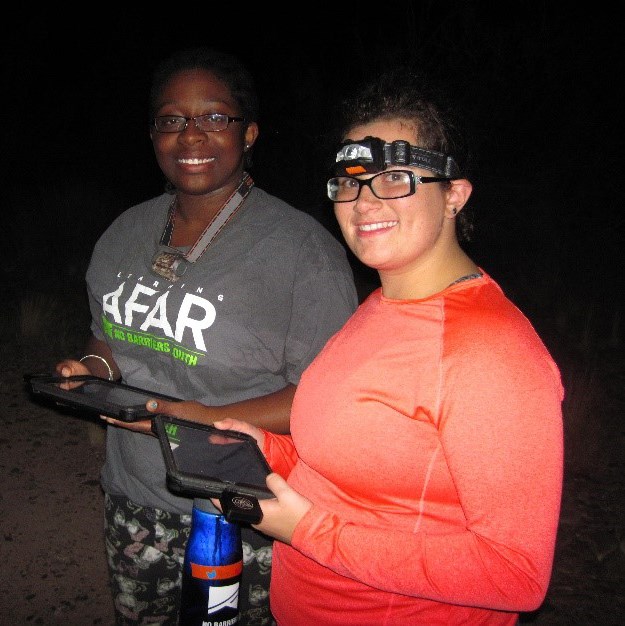 Young poeple outside at night with data pads and headlamps