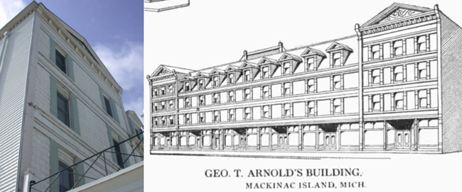 White building on the left and drawing of the building on the right.
