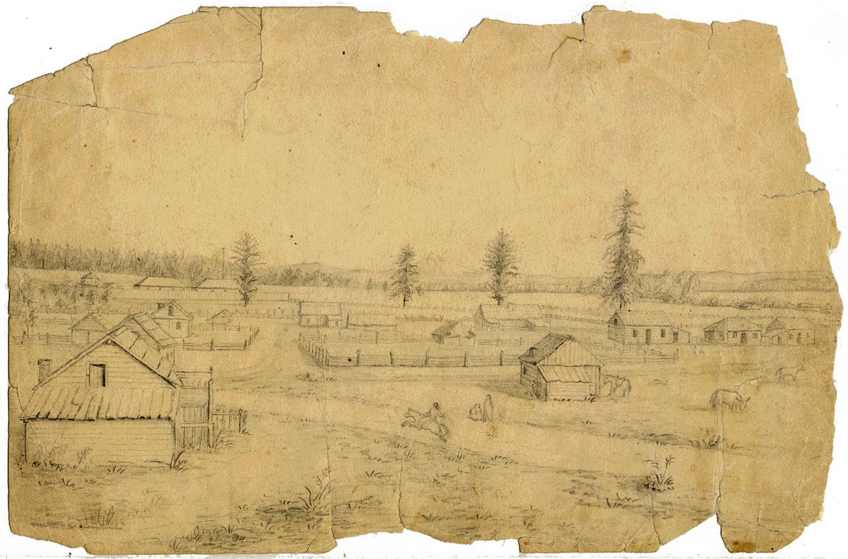 Yellowed paper, torn around edges, with pencil sketch of small cabins with Fort Vancouver and Mount Hood in the background.
