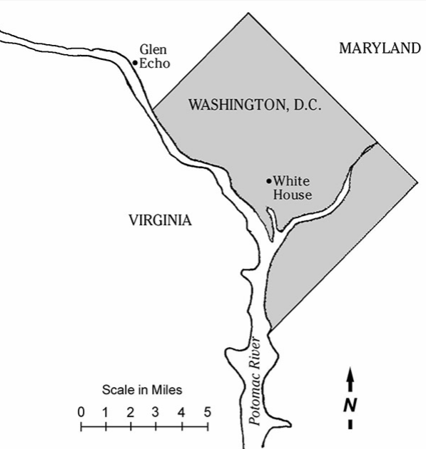 Map depicting Glen Echo's location northwest of Washington, DC